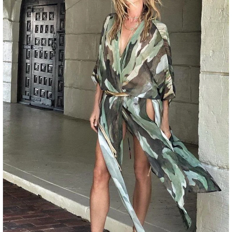 

2021 Women Holiday Beach Wear Dress Sexy Cover Up Bikini Cover-ups Bohemian Print Long Cardigan Plus Size Chiffon Tunic Swimwear