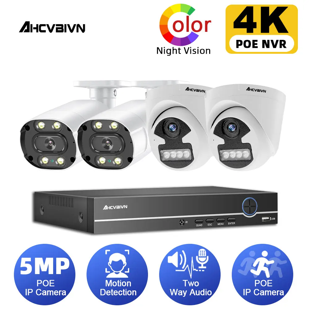 

Камера Наружного видеонаблюдения, 4K, NVR, 4 канала, POE, двухстороннее аудио, цветная, ночное видение, IP