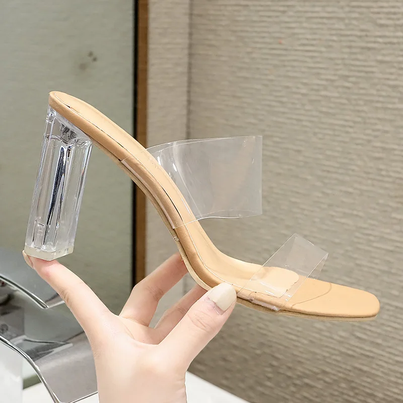 Сандалии женские прозрачные с квадратным носком высокие туфли лодочки свадебная