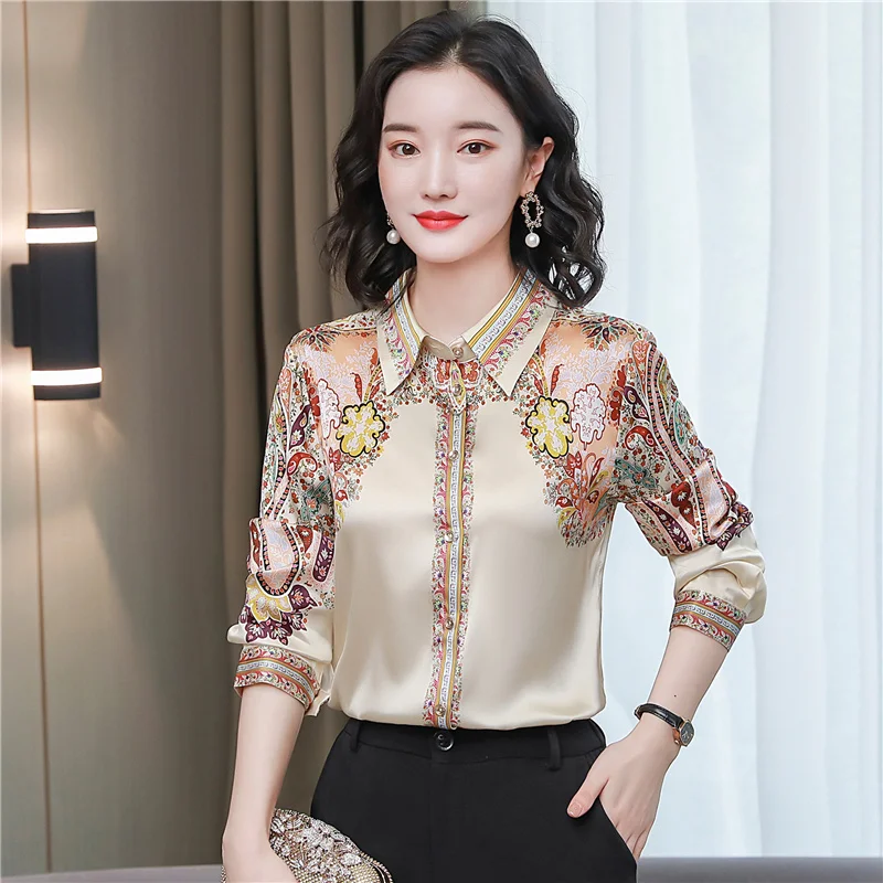 

Women Real Silk Blouse Formal Office Lady Party Shirt Satin Spring Autumn Long Sleeve Shirt Print Summer Elegant Palace Vintage