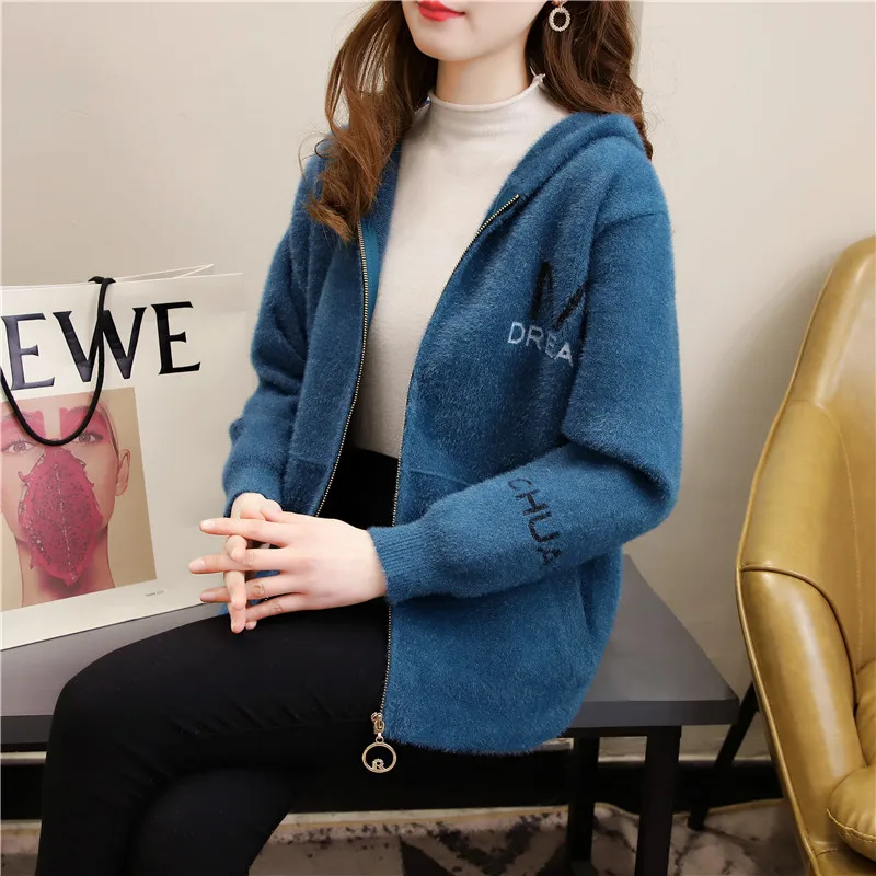 

2021 New Short Imitation Mink Velvet Jacket Sweaters Coat Womens Hooded Lazy Wind Knitted Cardigan Tide Casaco Feminino Inverno
