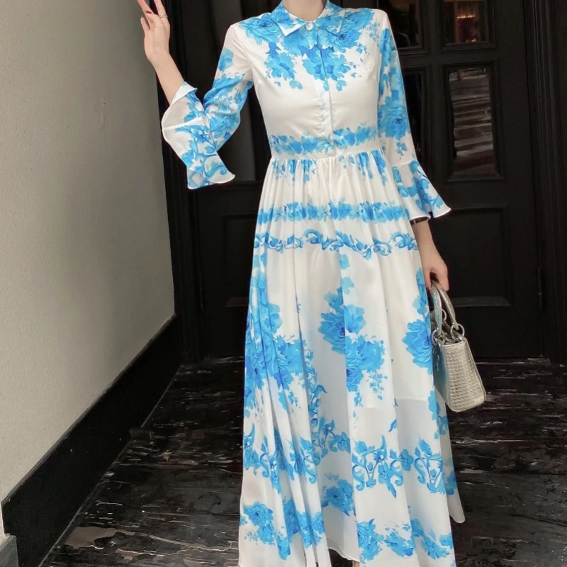 

2020 Fall New Style Bohemian Retro Print Flared Sleeve Party Elegant Temperament Long Dress High Quality Women'S Clothing