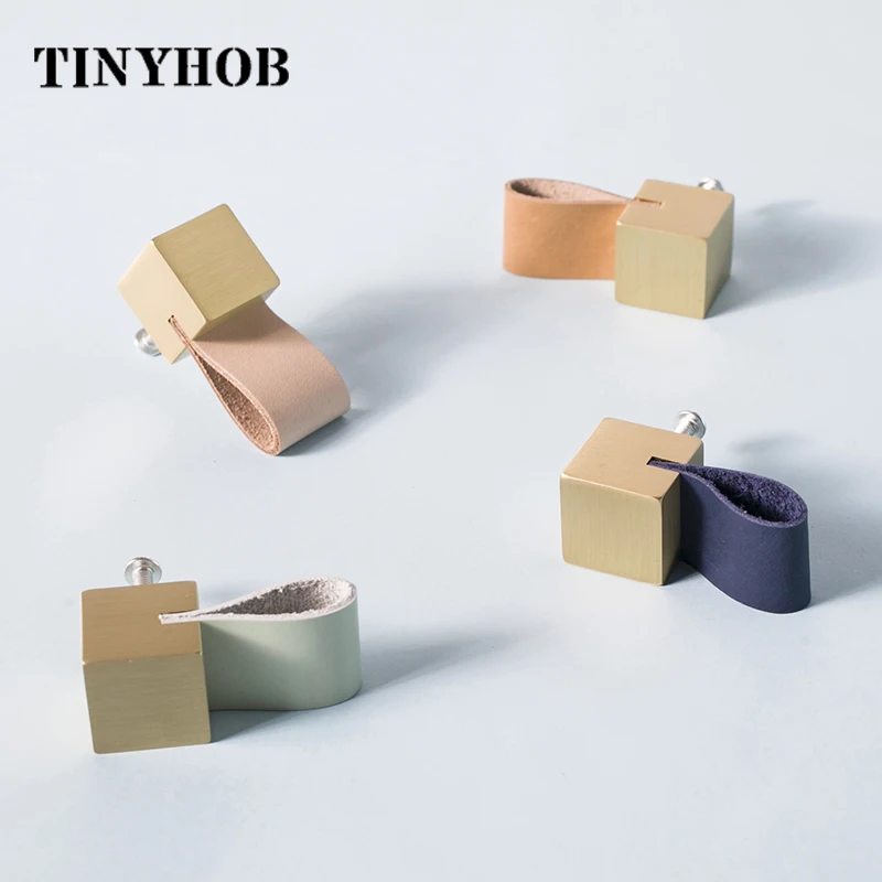 Скандинавская твердая латунь + кожаная ручка и для шкафа/шкафа выдвижного ящика