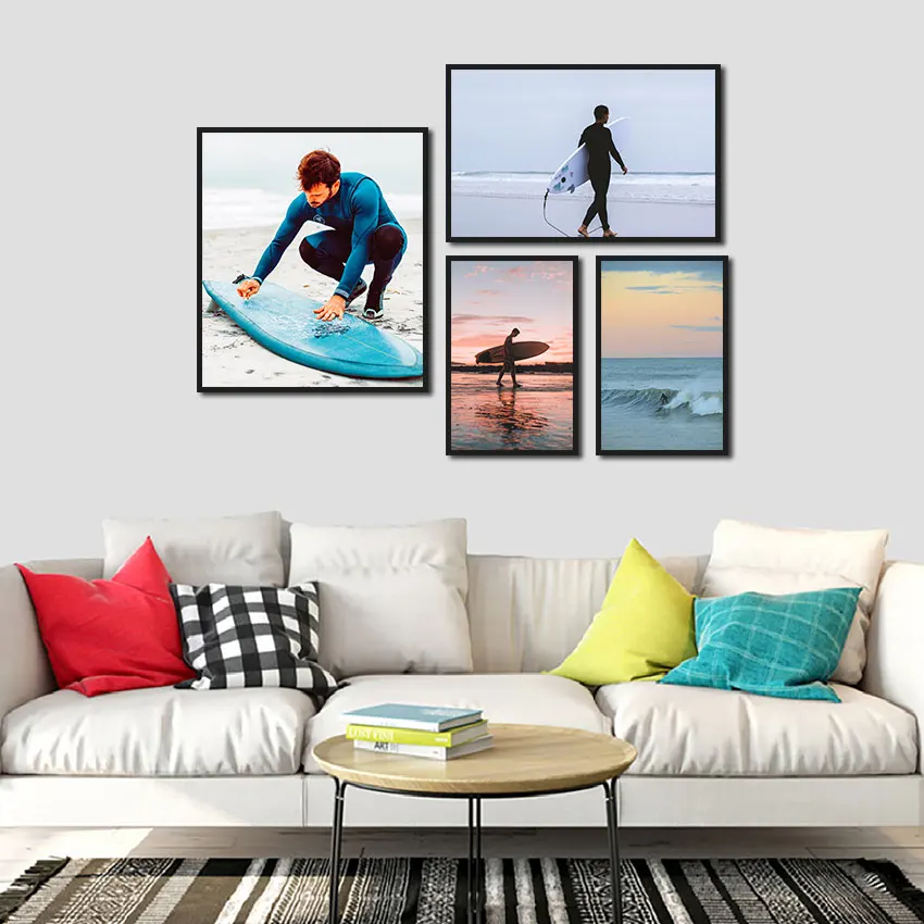 

Seaside Landscape Poster Man Surfing Photo Nordic Canvas Painting for Living Room Home Decoration Wall Art Modular Pictures