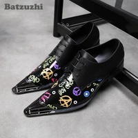 batzuzhi black genuine leather dress shoes men fashion men oxford shoes pointed metal toe lace up formal business shoes big 12