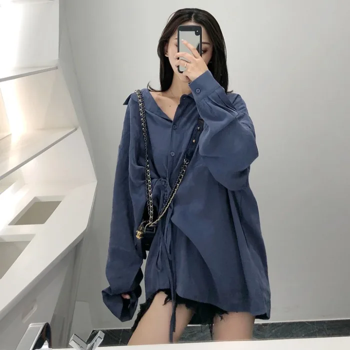 [EWQ] 2020 Speing New Long Sleeve Drawstring Single-Breasted Design Women Shirt Jacket Korean Oversized Ladies Blouse Tops QX165 | Женская