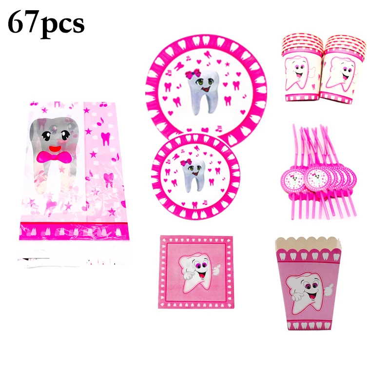 

67pcs Pink Teeth Disposable Straws Napkins Plates Cups Popcorn Boxes Girl Birthday Party Decorations Baby Shower Party Supplies
