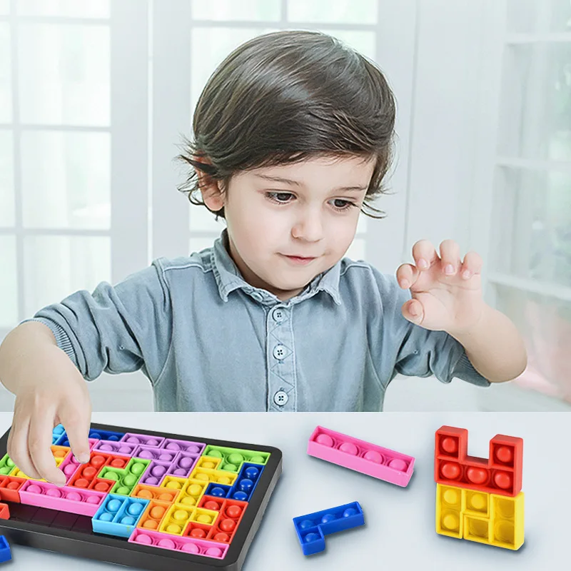 Juguetes de rompecabezas Tangram 3d coloridos, juguetes de descompresi&oacute;n Tetris, juguetes sensoriales de burbujas para la yema del dedo, juguetes de burbujas-0