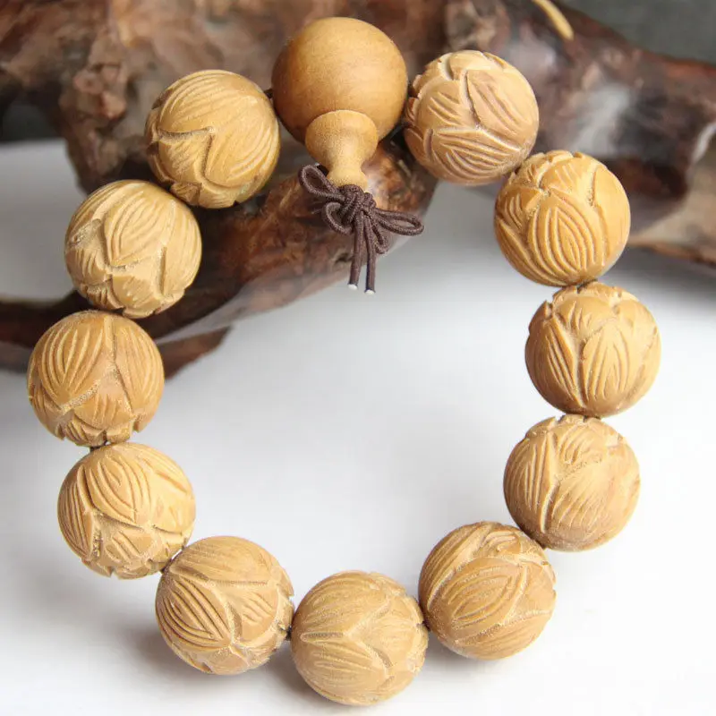 

Teak Sandalwood Bead Engraved Lotus Tibetan Buddhism Amulet Bracelet
