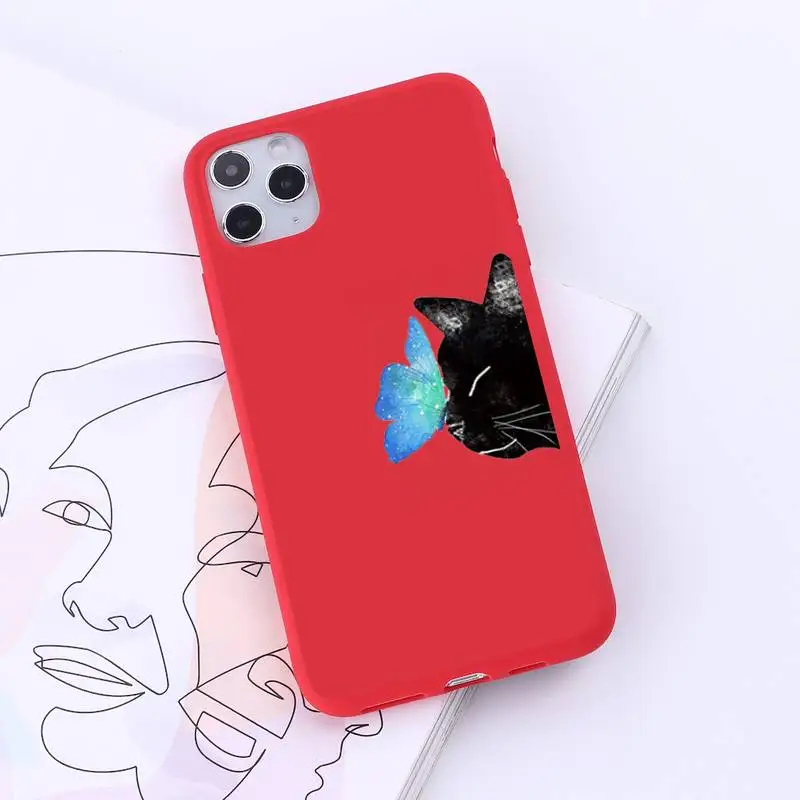 

Cat butterfly nose tip cute lovely Phone Case Red Candy Color for iPhone 6 7 8 11 12 s mini pro X XS XR MAX Plus