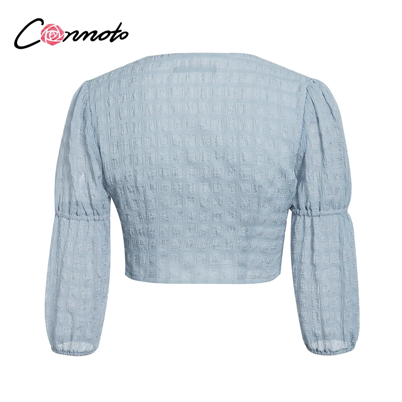 Conmoto seersucker шифоновые синие блузки укороченный Топ для женщин на пуговицах