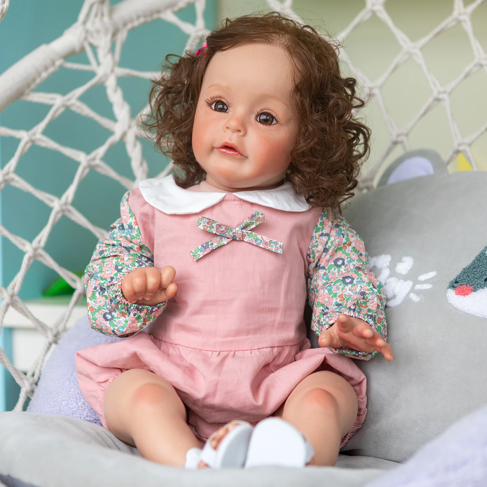 

60CM Top Quality Reborn Sue-Sue Toddler Girl 3Month Baby Size Hand-Detailed Painting 3D Skin Tone Hand rooted Brown Curly Hair