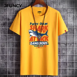 JFUNCY S-6XL Oversize Men Loose Tee Tops 100% Cotton Short Sleeve Ocean Shark Print Men's T-shirt Summer New Male Casual Tshirt