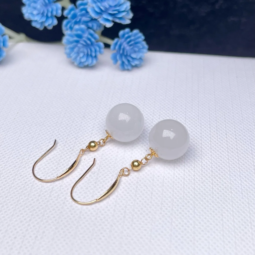 

SHILOVEM 18k yellow gold real Natural white Jasper drop earrings classic fine Jewelry women wedding gift 10mm myme10106682hby