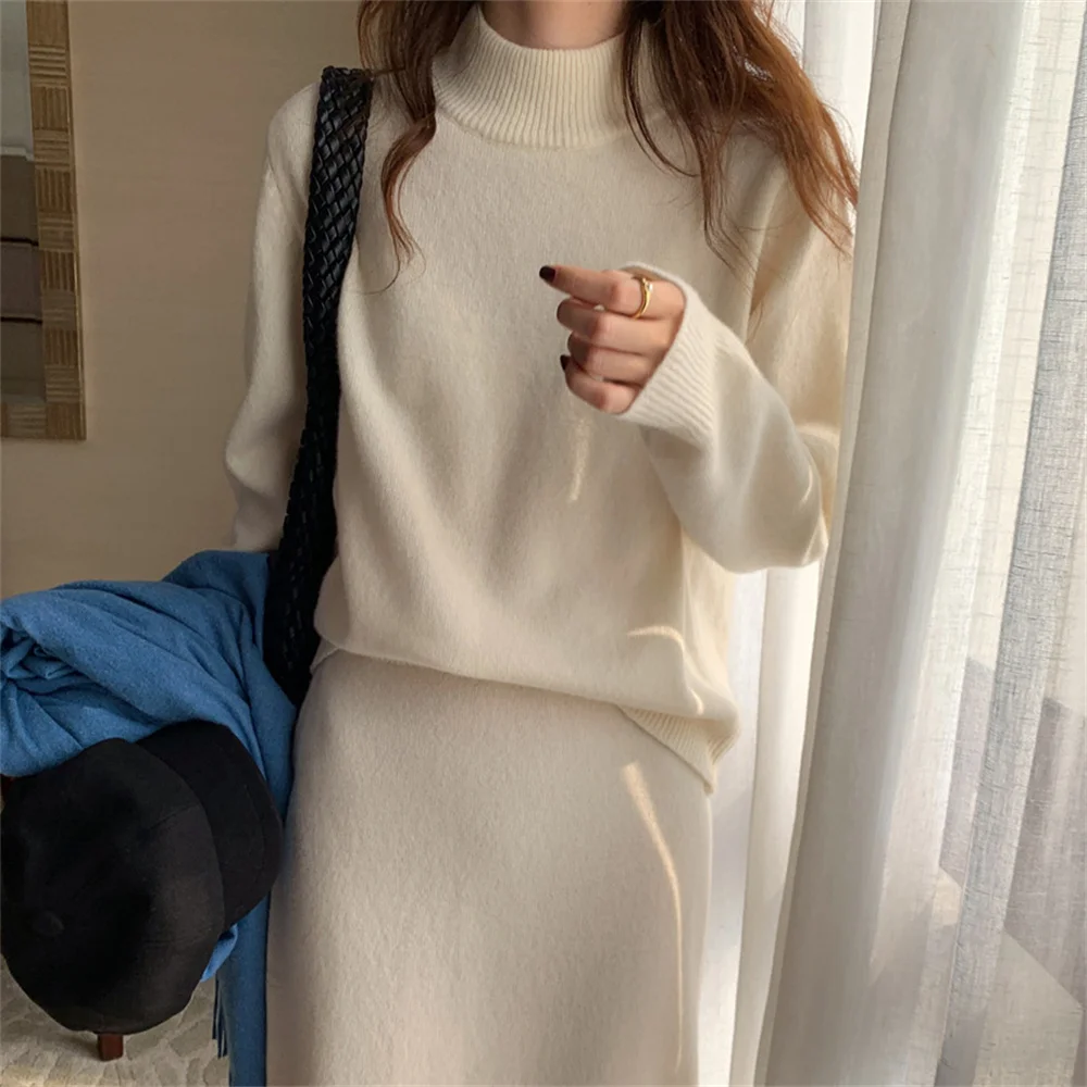 

Comfortable Knitwear Women Two Pieces Sets High Waist Straight Skirts Autumn Pullover Loose Mock Neck Sweaters