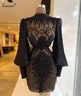 Женское винтажное платье с жемчугом, черное платье знаменитости с длинным рукавом и бисером, Короткие вечерние платья для выпускного вечера