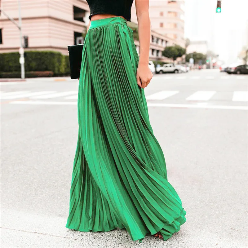 

Spring Autumn Fashion Women's High Waist Pleated Skirt Solid Color Ankle-Length Elastic Skirt Vintage Female Casual Skirts