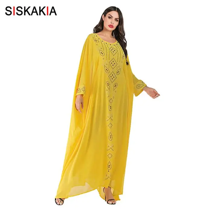 Yellow dress Siskakia, модные женские халаты с рукавом "летучая мышь", винтажные этнические стразы, Абая, платье, желтый шифон размера плюс, осень, Новинка - Цвет: Yellow dress