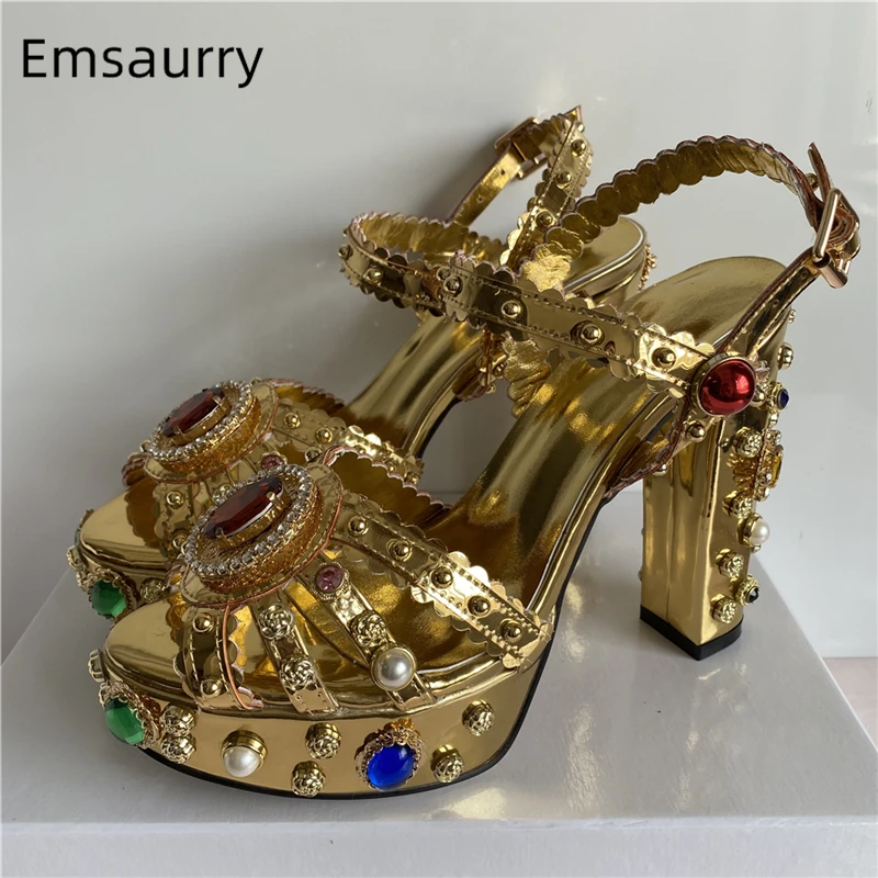 Gold Genuine Leather Ankle Strap Sandals Women High Platform Diamond Chunky Heel Luxury Rhinestone Wedding Shoes Woman