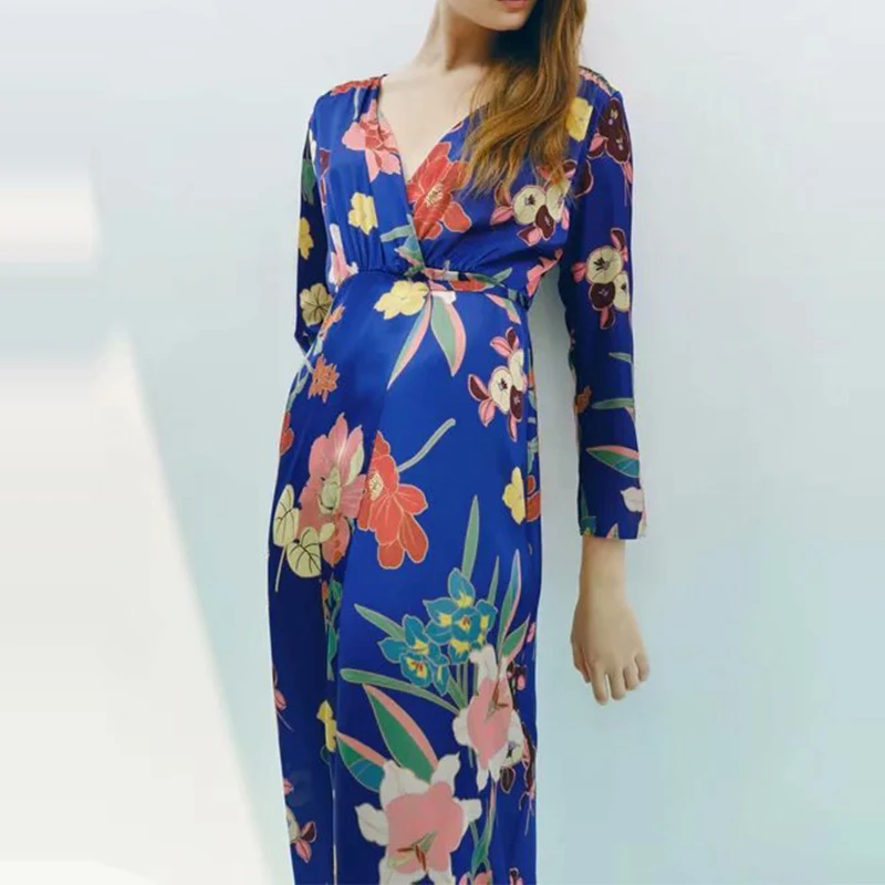 

Za Fashion Women Flowers Print V Neck Midi Dress with Slash Vintage Long Sleeve Ladies Vintage Dress OZZ1203