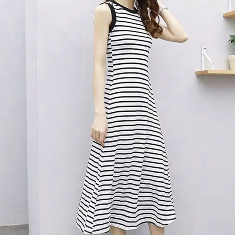 

Women Dress 2020 Sexy Sleeveless Striped Plaid Patchwork O Neck Maxi Long Party Dresses Casual Loose Vestidos Plus Size