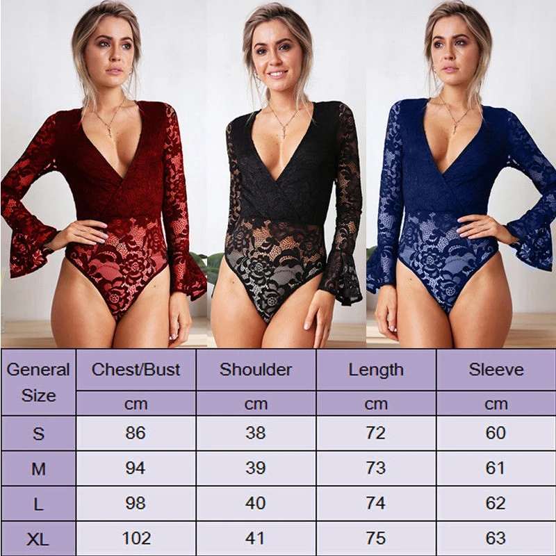

NEW Women Sexy Bodysuit Lace V-neck Flare Long Sleeve Attractive Jumpsuit Romper Female Transparent Leotard Tops