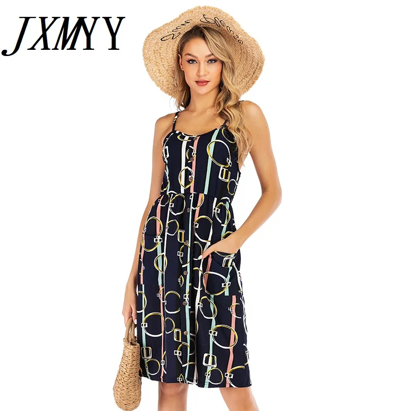 

2021 Hot New Product Sexy Suspender Skirt Female Slim Flower Geometric Print V-Neck Dress Ladies Mid Skirt Summer Robe Dames