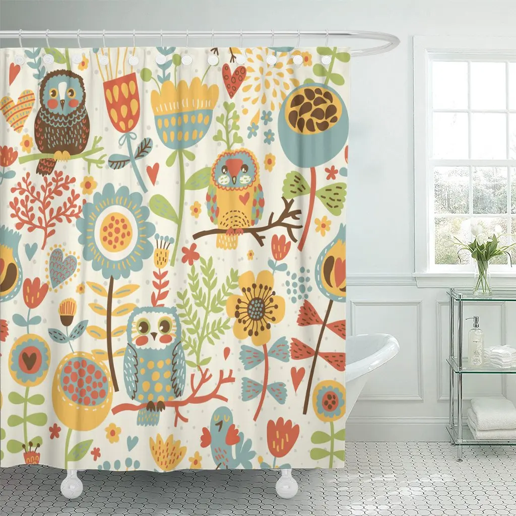 

Pattern Cute Colorful Floral Owl and Bird Flower Retro Shower Curtain Waterproof Polyester Fabric 72 x 78 Inches Set with Hooks
