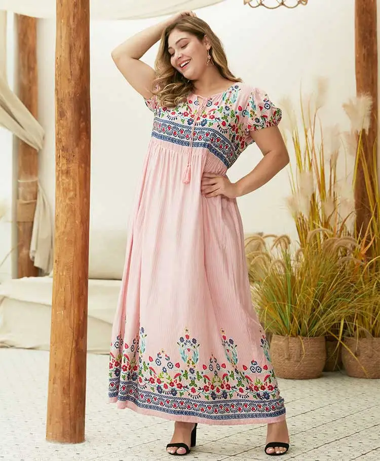 Макси-платье размера плюс с цветочным принтом для женщин лето-осень короткий