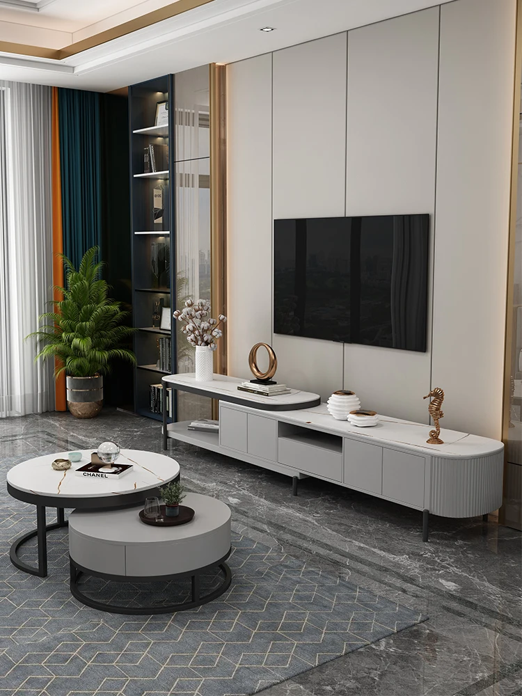 

Italian rock TV tea table combination modern small family living room paint minimalist retractable cabinet