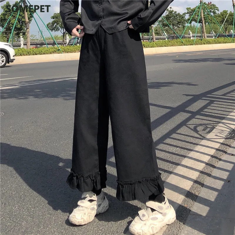 

Japanese Soft Girl Women Pants Sweet Ruffled Basis Wild High Waist Loose Trousers Elastic Waist Casual Solid Student Pant