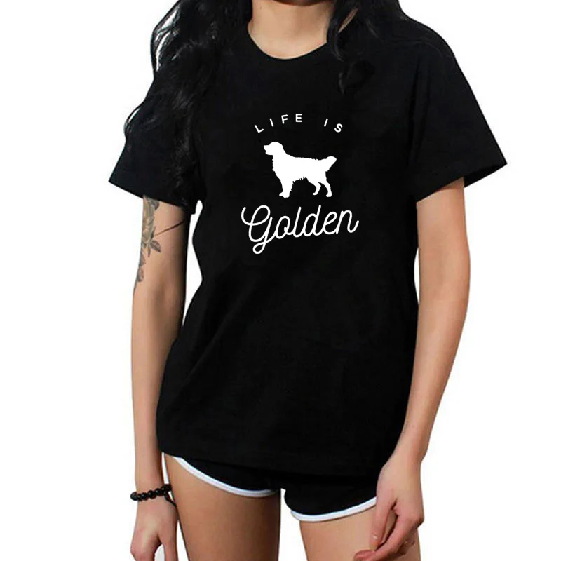 Женская хлопковая футболка с коротким рукавом и круглым вырезом LIFE IS GOLDEN