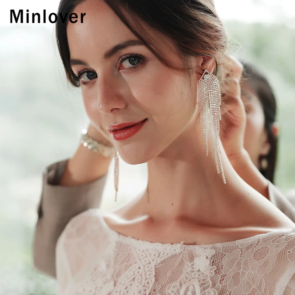 Серьги-подвески Minlover серебристого цвета с длинной металлической кисточкой для женщин, корейские стразы, свадебные серьги с бахромой, ювелирные изделия MEH1647