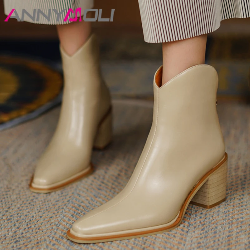 

ANNYMOLI Real Leather Women Western Boots Square Toe Ankle Boots Thick High Heel Zipper Ladies Boots Autumn Winter Brown Black