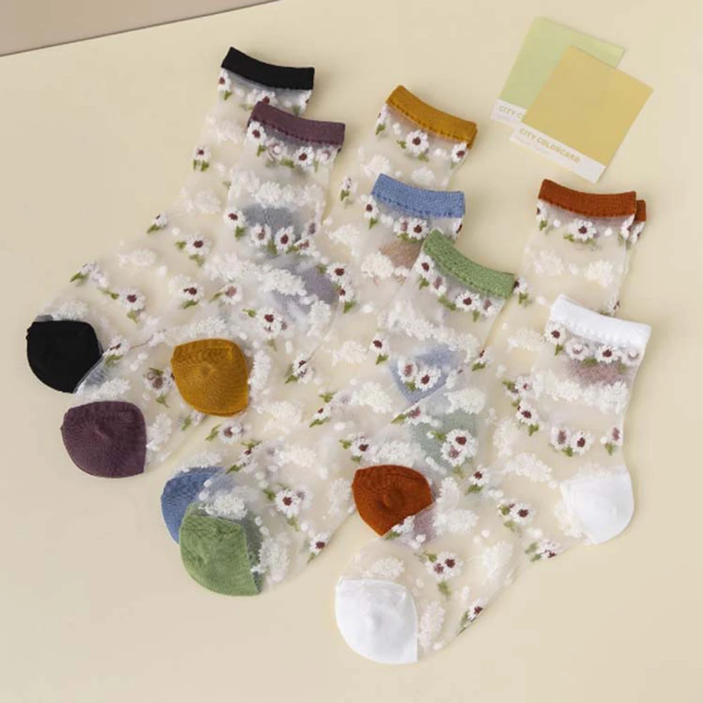 

3 Pair/lot Breathable Ultra Thin Socks 2021 Women Summer Transparent Lace Silk Crystal Daisy Flower Female Elastic Short Socks