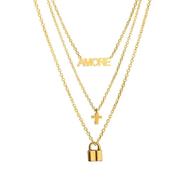 

2021 New Sweater Accessories Three-Layer Lock Cross Women's Necklace Popular Europeana nd American Personalized Stack Necklace