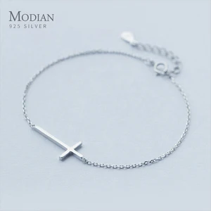 Женский браслет-цепочка Modian, браслет из настоящего серебра 100% пробы с простым крестом, ювелирное изделие из стерлингового серебра 925 пробы, подарок на день Святого Валентина