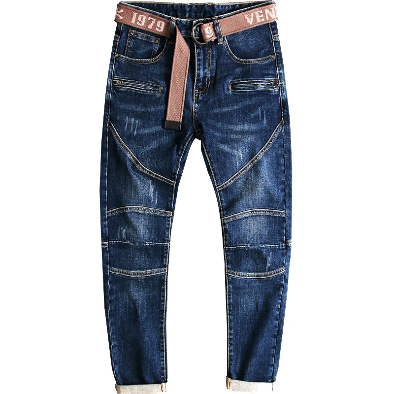 European American Street Fashion Men Jeans Retro Blue Elastic Slim Fit Biker Jeans Men Spliced Designer Hip Hop Denim Punk Pants