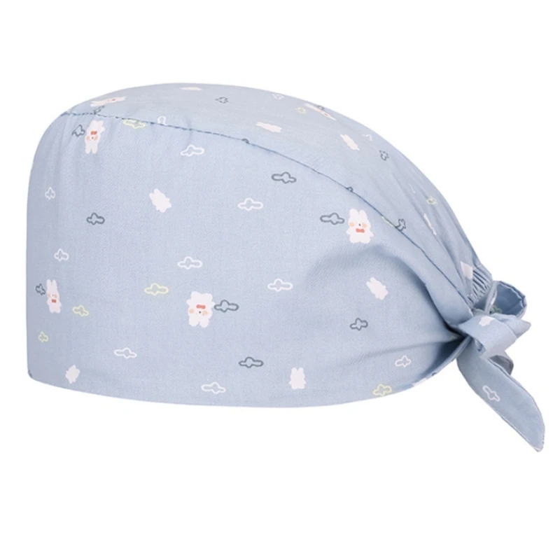 

4 Pieces Working Cap with Sweatband Adjustable Tie Back Bouffant Scrub Hat Cartoon Printed Multi Color Cotton Head Cover M7DD