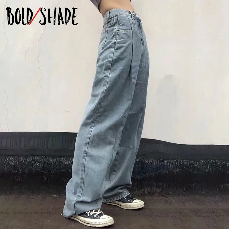

Bold Shade Retro Grunge High Waist Denim Fashion Jeans Solid Boy Friend Loose Long Jeans Streetwear Winter Spring for Teen Girls