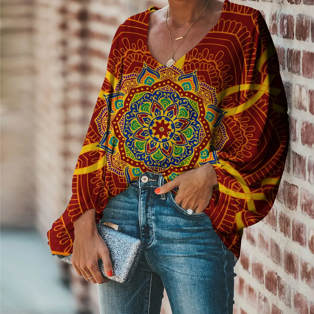 

Hot Sale Custom Women's Vintage Shirt Polynesian Tribal Orange Background With Kaleidoscope Prints Mature Oversize Chiffon Shirt