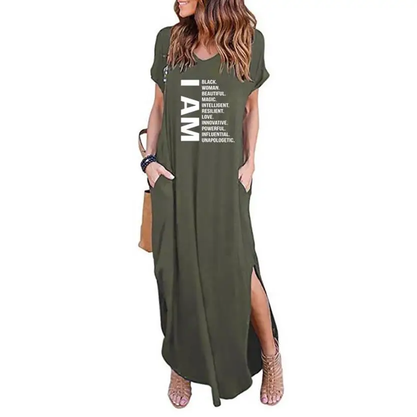

Plus Size 5XL Sexy Africa I AM Black Women Pocket Dress Summer 2021 Casual Maxi Dress For Women Long Dress Lady Dresses