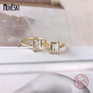 MOVESKI 925 Sterling Silver High Quality Four Prong Clear Square Zircon Ring Women Classic French Banquet Jewelry