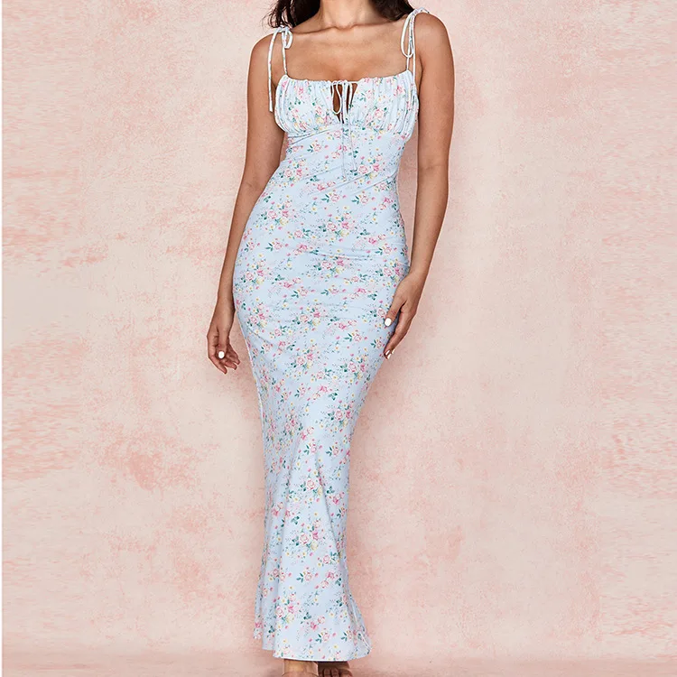 

Элегантное длинное вечернее платье, женские летние платья макси для женщин, тонкое облегающее платье на бретелях-спагетти с цветочным прин...