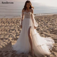 smileven ivory sweetheart neck wedding dress 2021 off the shoulder side split bridal dresses 2021 puff sleeve wedding gowns