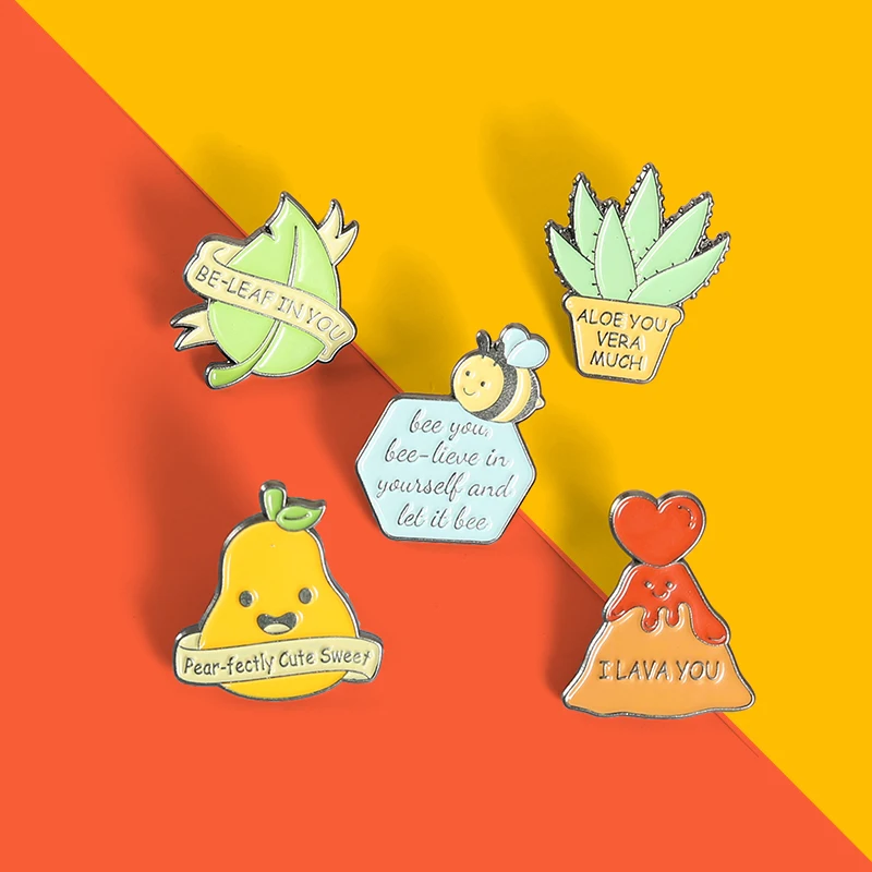 

Custom Plants Banner Enamel Pins Funny Bee Avocado I Lave You Brooches Lapel Badge Bag Cartoon Plant Jewelry Gift For Kid Friend