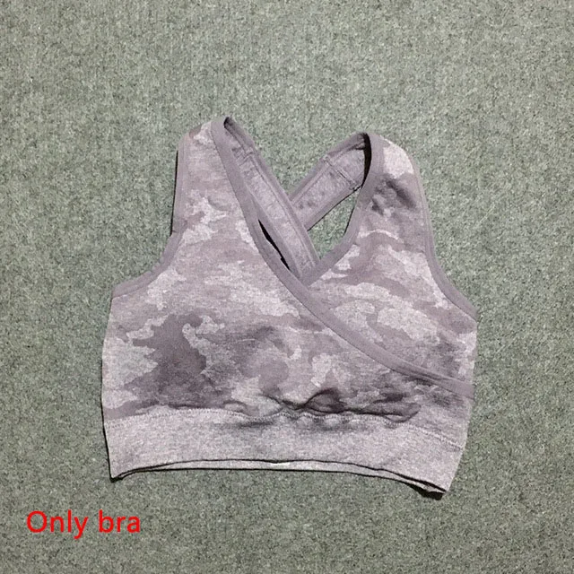 Purple Bra 3 шт., камуфляжный бесшовный комплект для йоги, леггинсы с высокой талией, спортивный бюстгальтер с длинным рукавом, укороченный Топ для женщин, одежда для бега, спортивный костюм для фитнеса - Цвет: Purple Bra