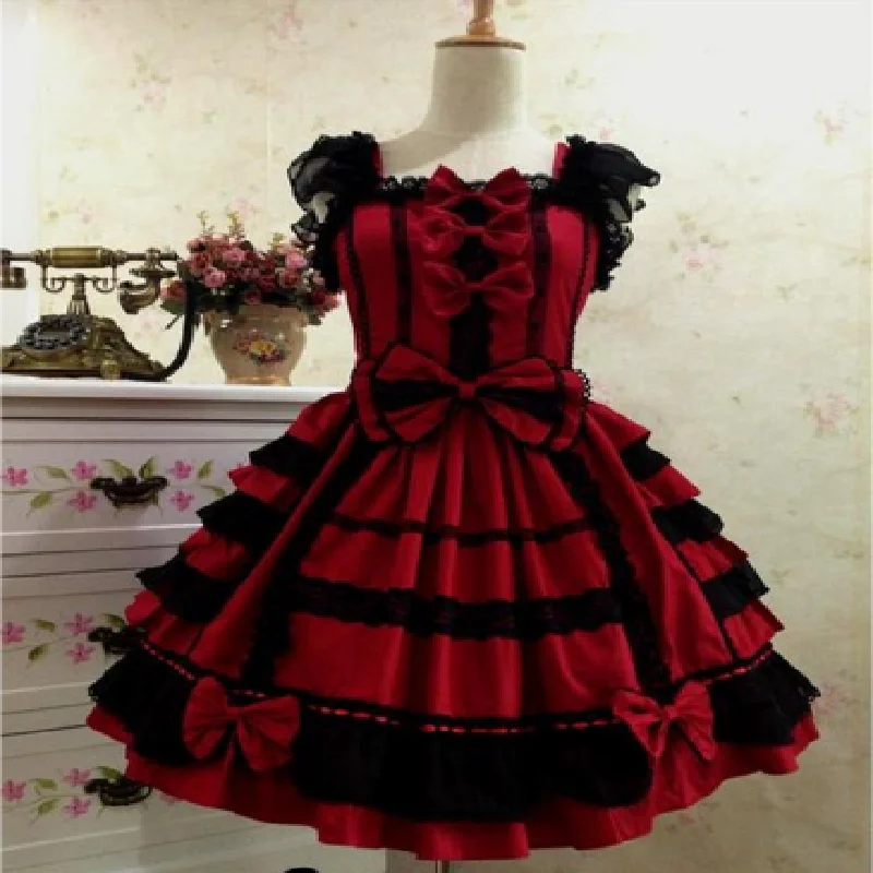 

Lolita Gothic Dress Female Japanese Cosplay Costumes Black and White Color Block Long Sleeve Knee Length