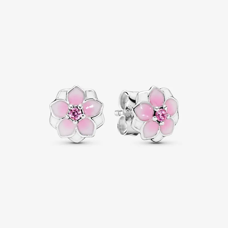 

Authentic S925 Sterling Silver Simple Pink Magnolia Earrings Women's Fashion Silver Earrings Jewelry Gifts