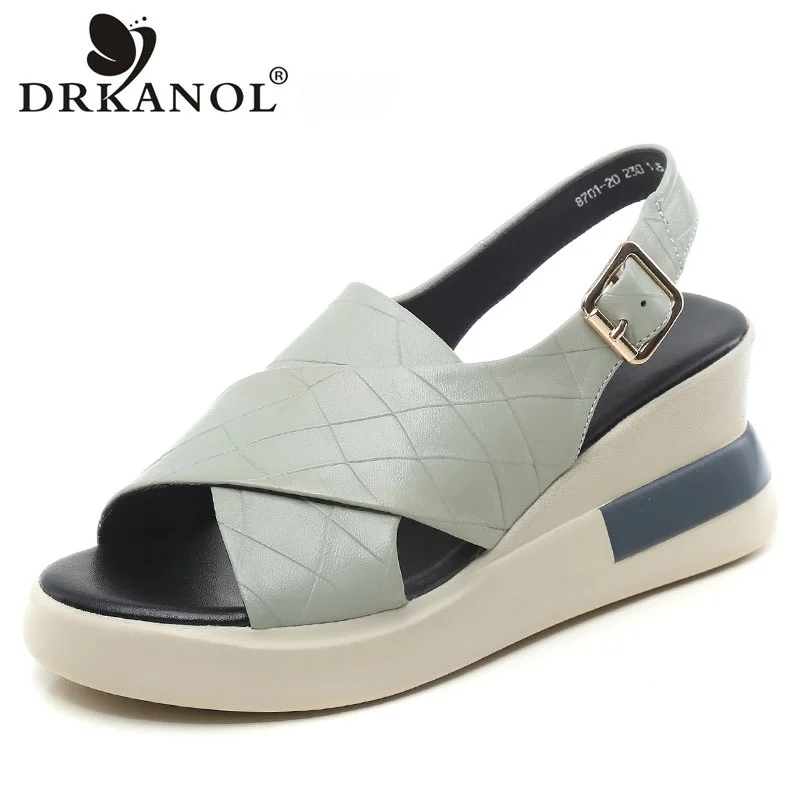 

DRKANOL 2021 Wedges Sandals Women Genuine Leather Crocodile Pattern Sheepskin Open Toe High Heel Shoes Platform Student Sandals